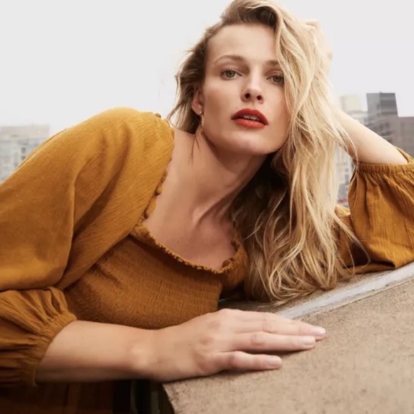 Madewell Lucie smocked peplum top, gold, size 6 - Picture 2 of 8